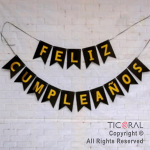 BANDERIN FELIZ CUMPLEAOS PARTY NEGRO CON STAMPING x 1